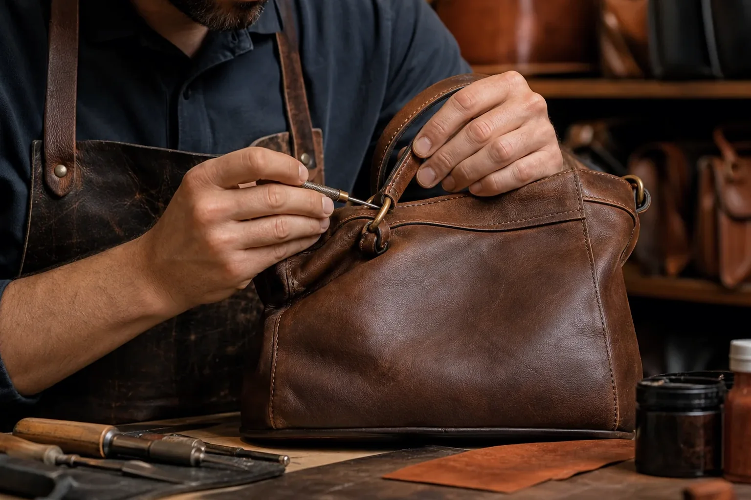 Sapateiro reformando bolsa de couro em Diadema.